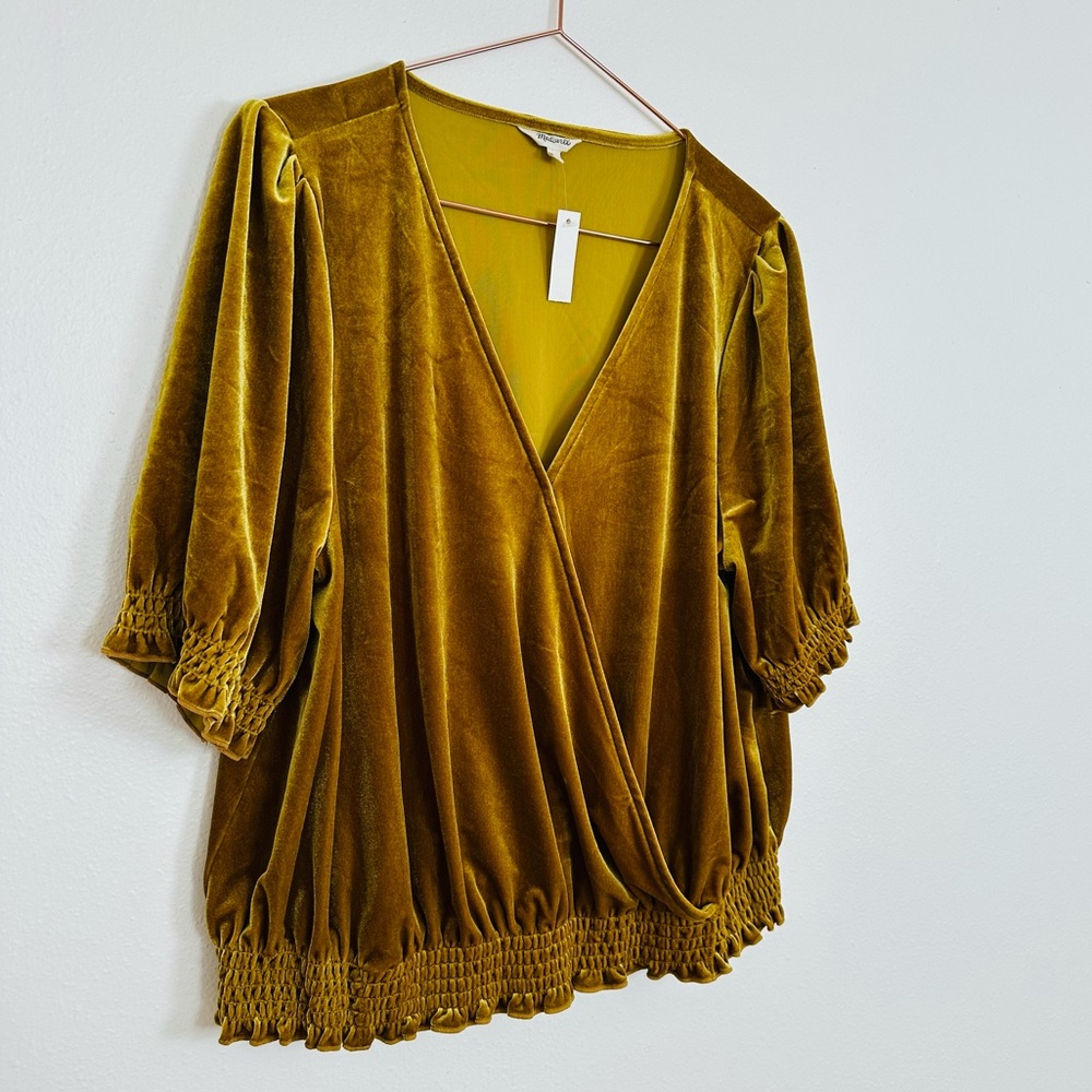 New Madewell Velvet Smocked Crossover Golden Boho Blouse Top Mustard Gold - Picture 8 of 11